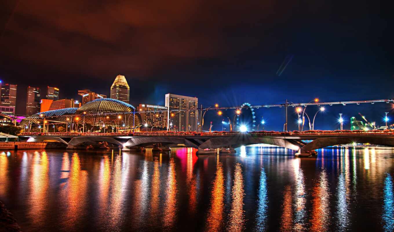 city, Bridge, big, night, singapore, high - rise buildings, miro, shirokoformatnyi