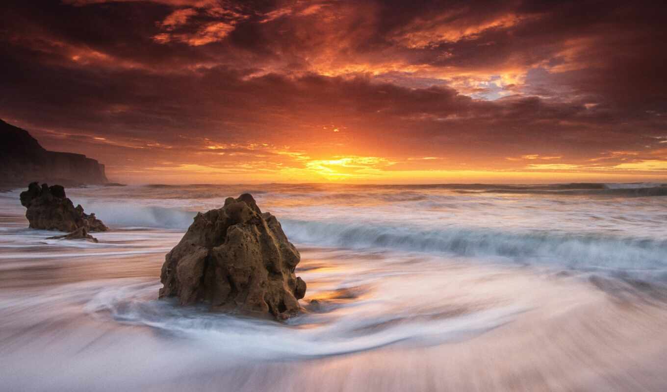 stone, beach, sea, sunrise