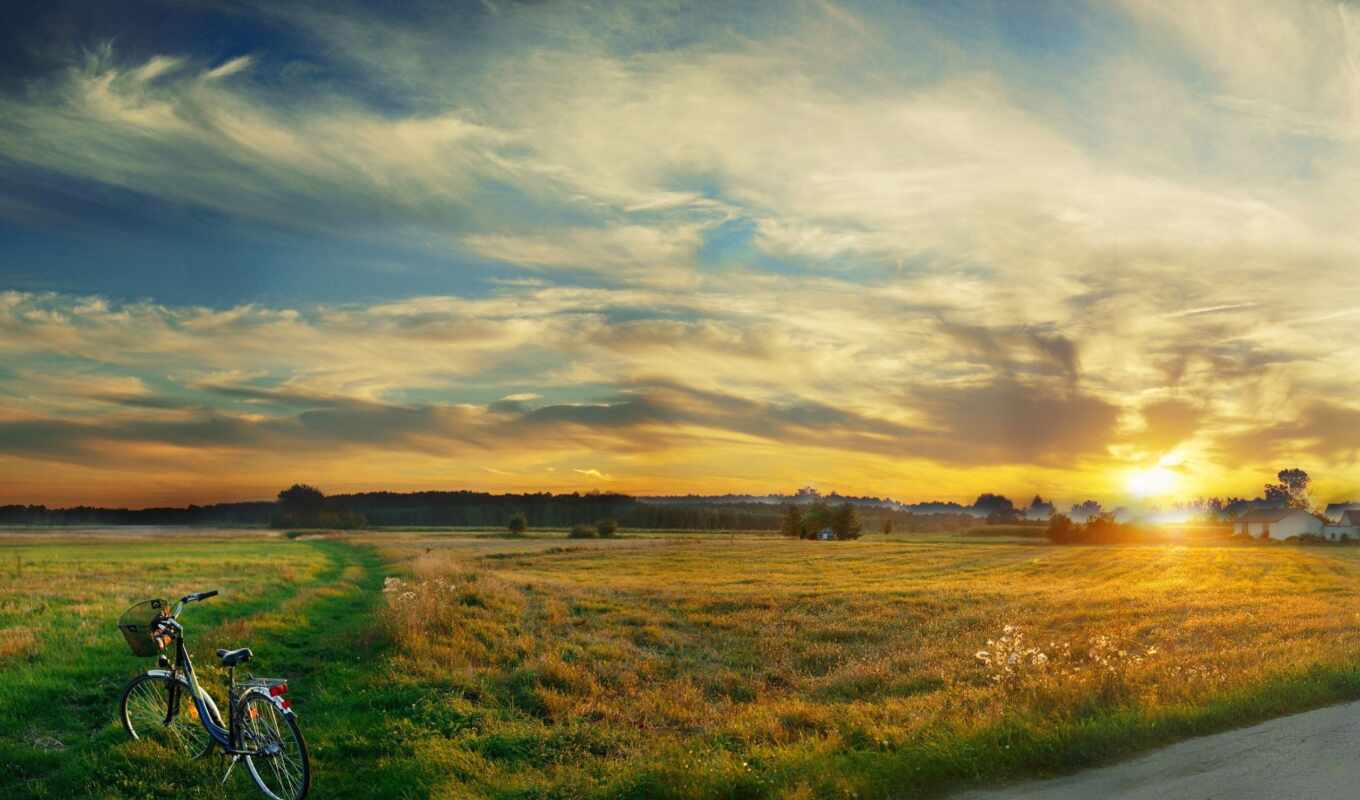grass, field, evening, bike, cloud