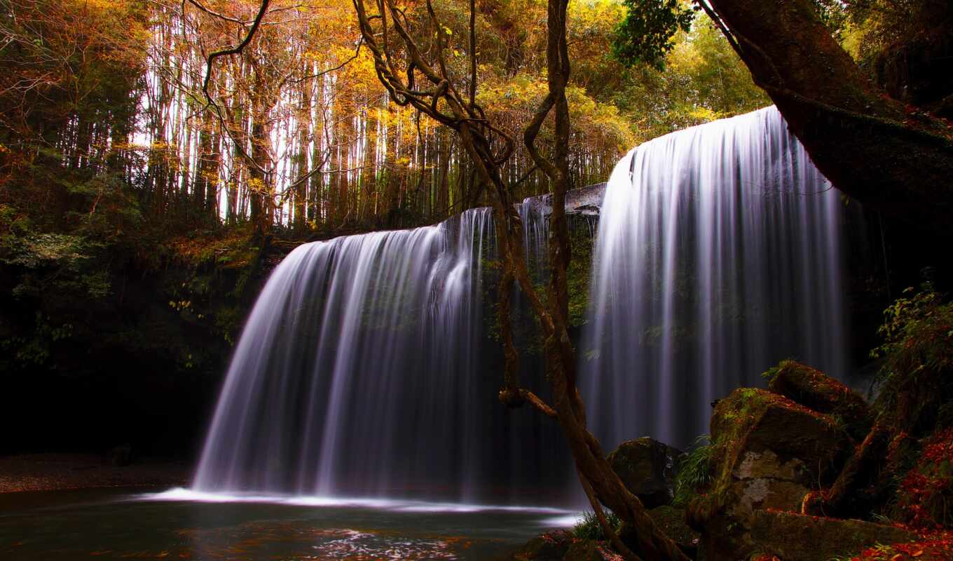 nature, autumn, river, waterfall, trees