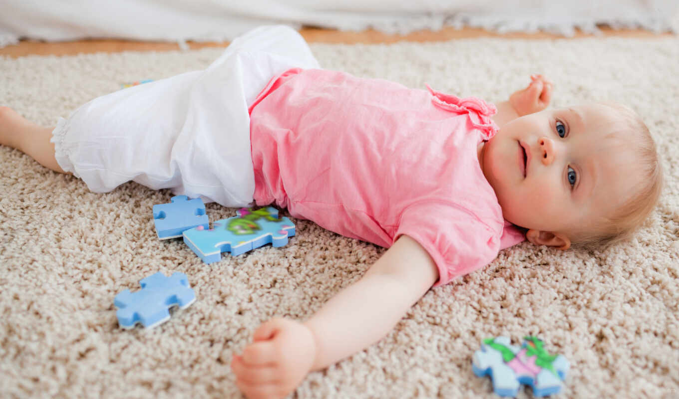 room, cute, blonde, living, baby, while, games, carpet, lying, pieces