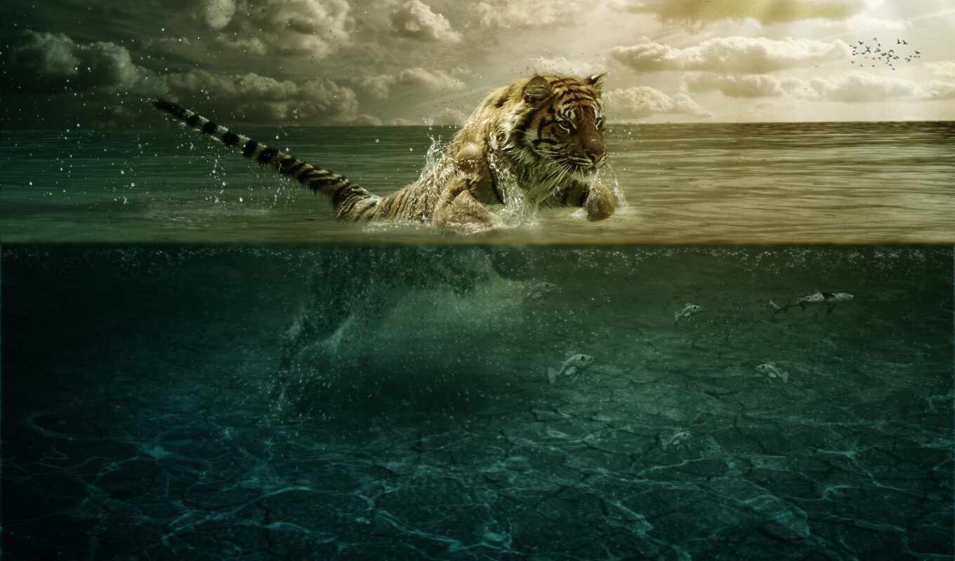 art, digital, water, море, ocean, тигр, animal, fish, underwater