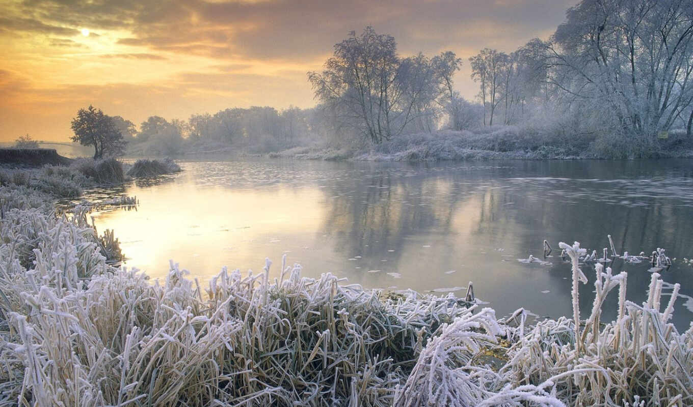 озеро, природа, water, снег, winter, отражение