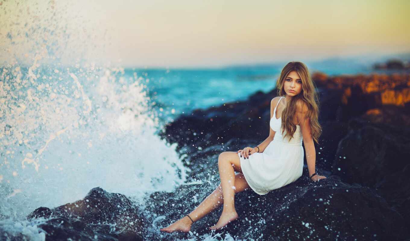 girl, picture, beach, sits, sea, seas, model, dress