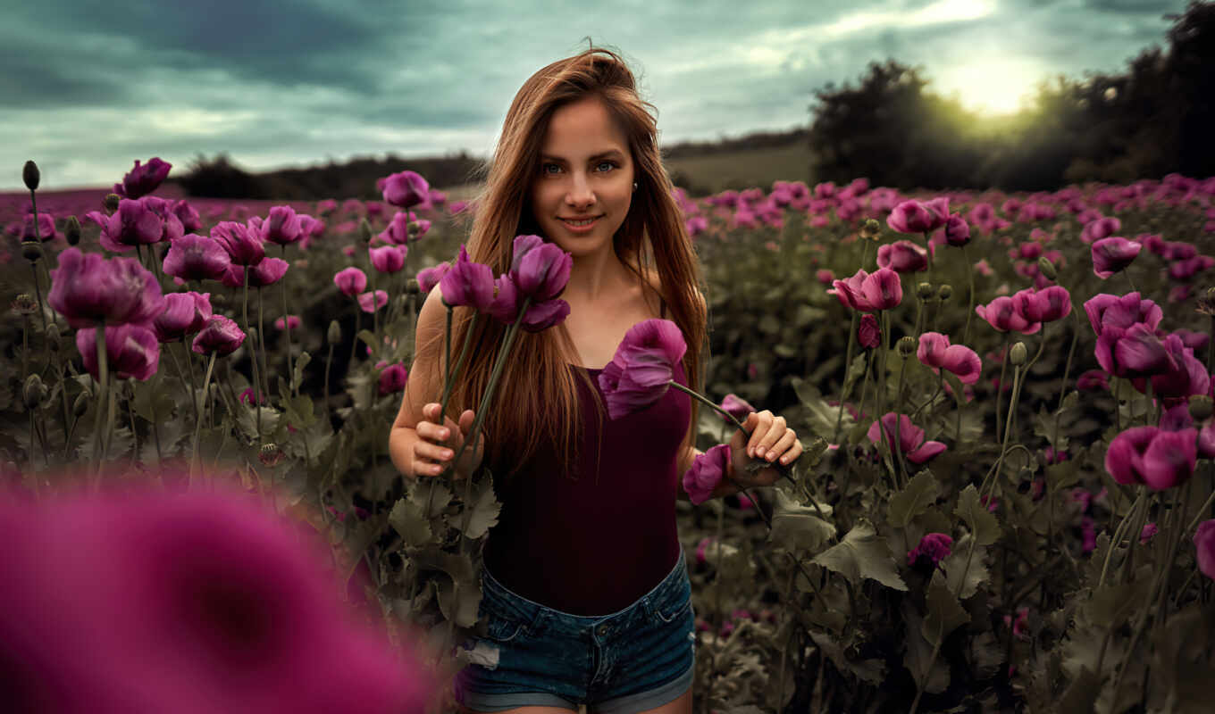 цветы, девушка, женщина, поле, волосы, outdoor