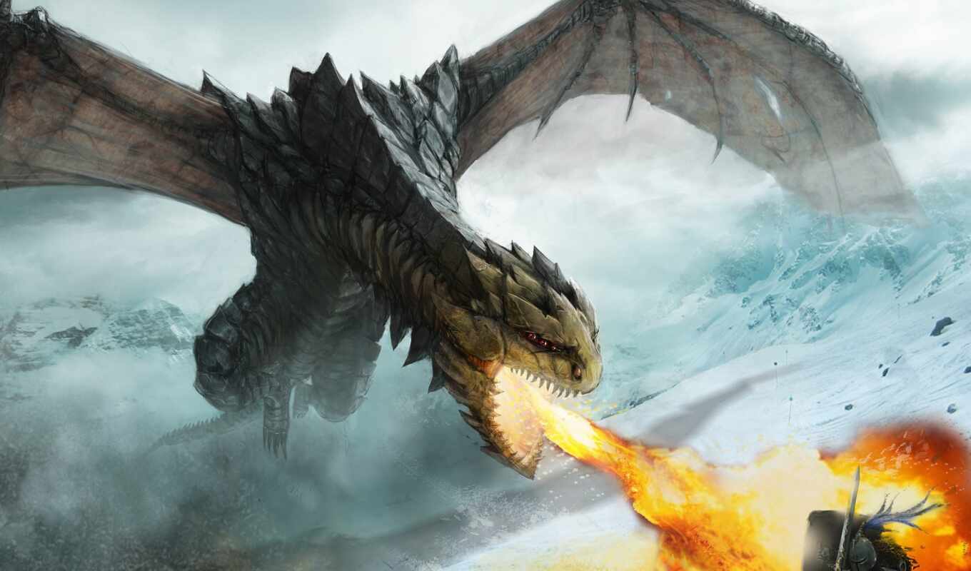 mountain, dragon, fire, fantasy, epic