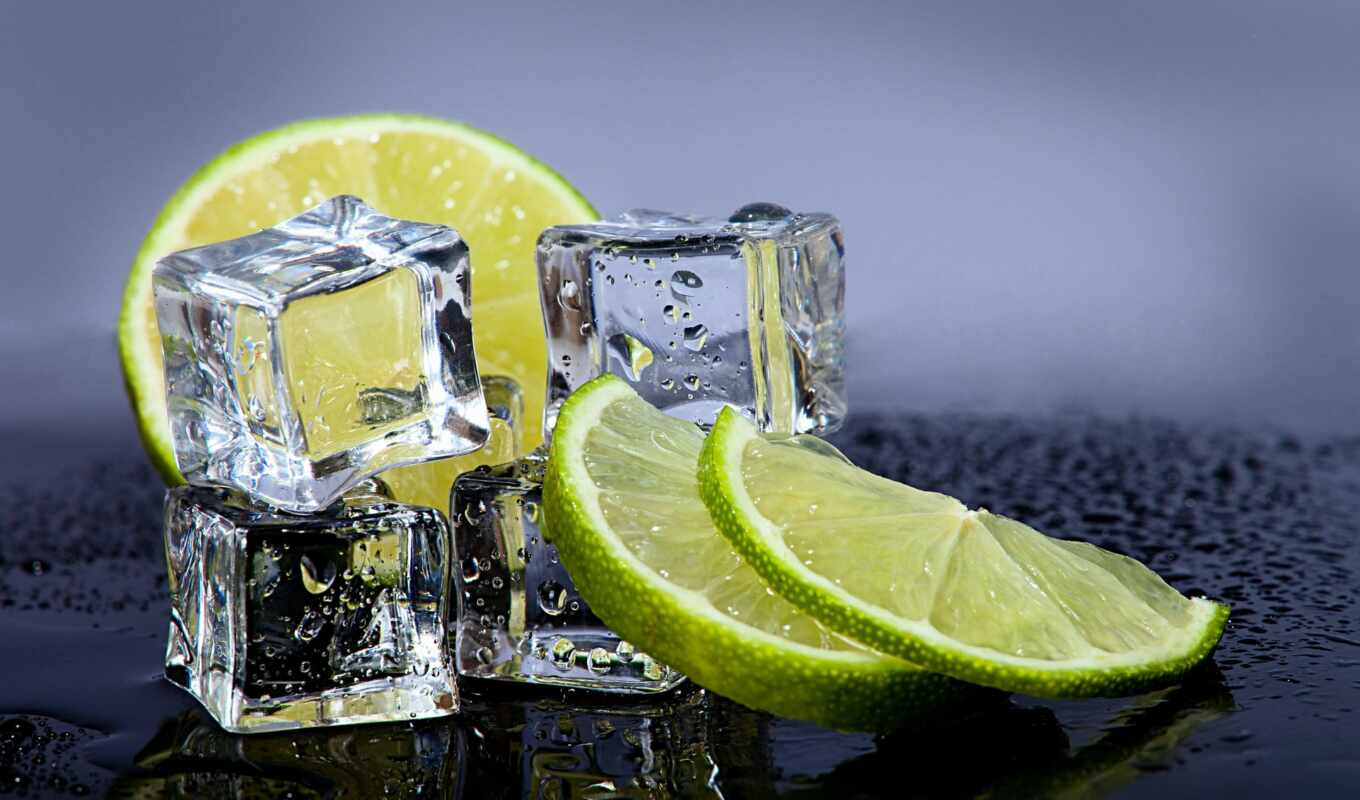 glass, ice, cubes, water, ice, fruits, lime