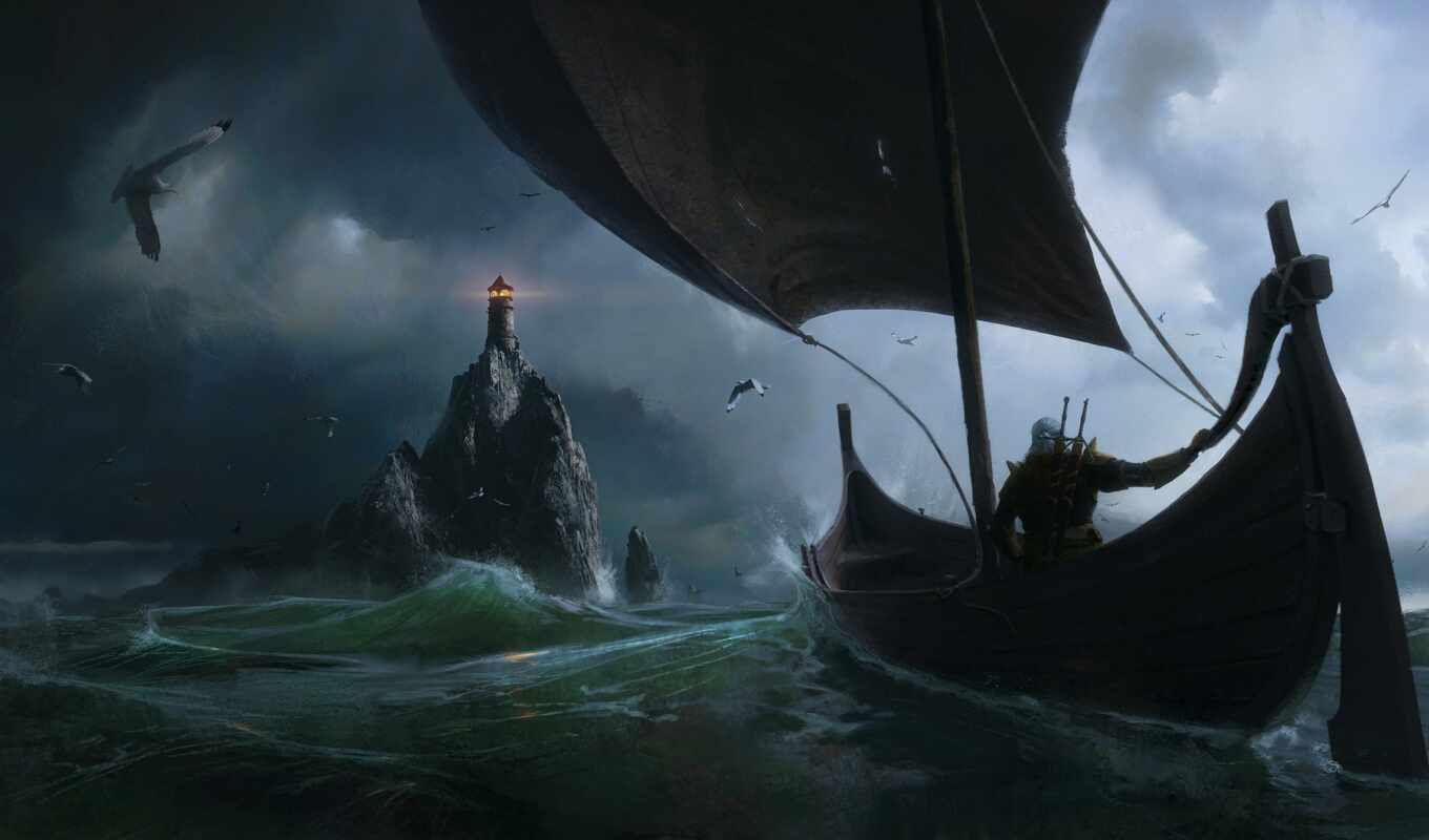 art, sea, lighthouse, wild, witch, a boat, hunt, the witcher