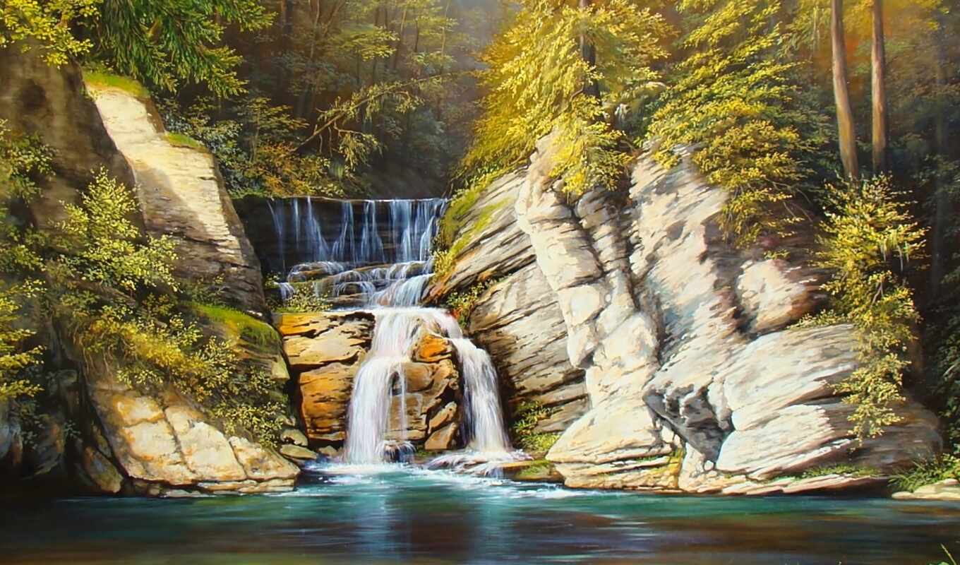 paint, mountain, painting, waterfall