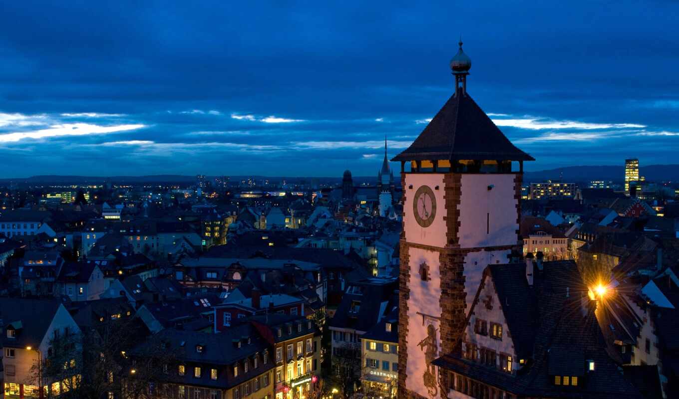 mobile, picture, night, lights, Germany, baden, tower, panorama, württemberg, Freiburg