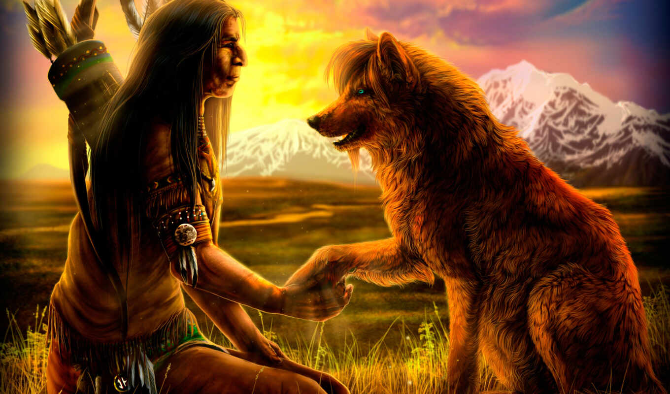 mountains, art, picture, picture, sunset, field, dog, images, wild, feathers, arrows, indian, family