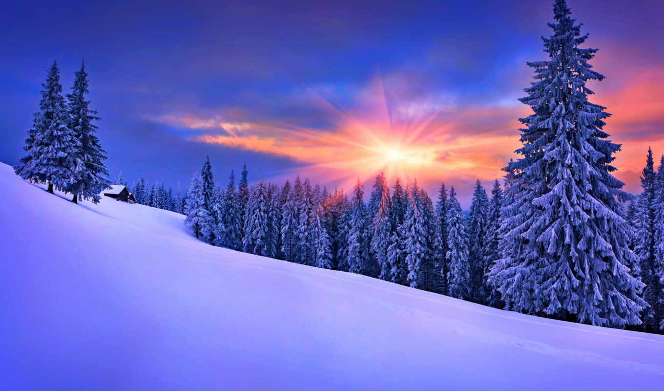 природа, небо, house, white, снег, winter, landscape