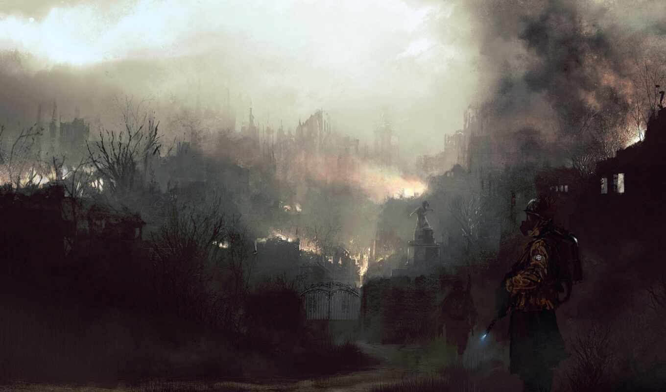 city, fire, drawn, destroyed