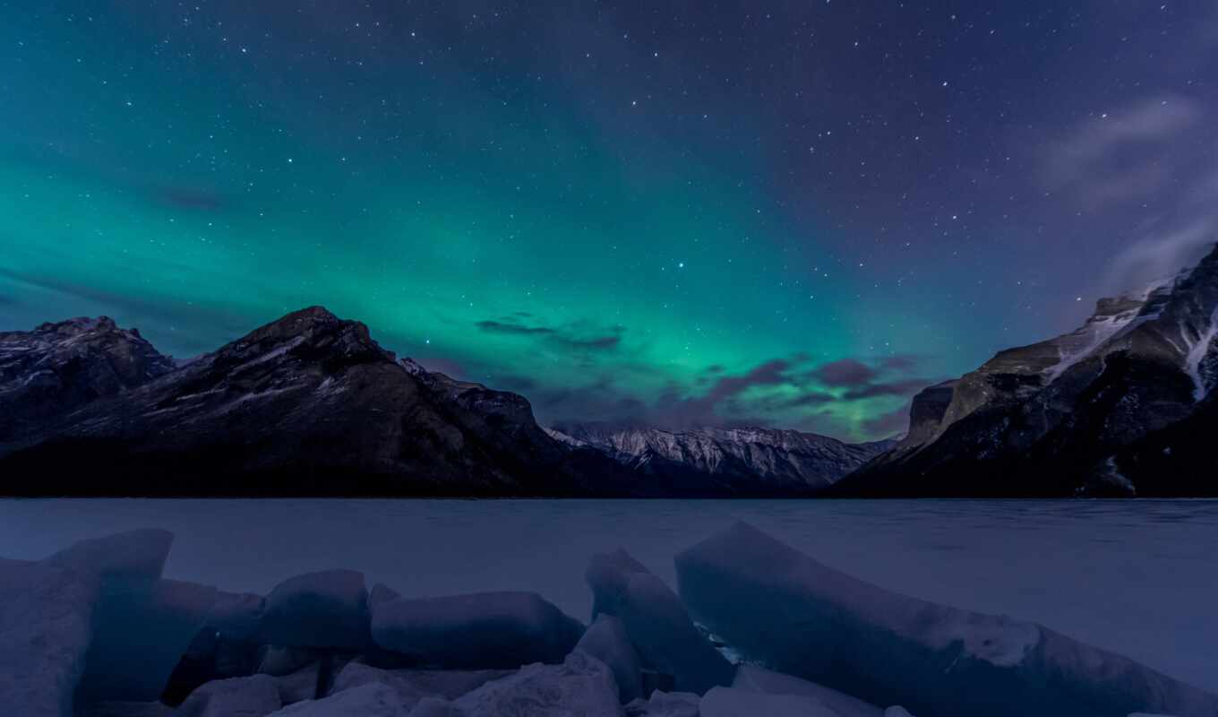 lake, mountain, lights, Canada, park, national, aurora, banff, borealis, rundle