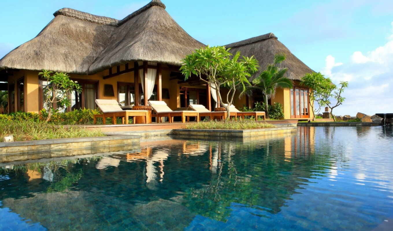 houses, house, swimming pool, palm, trees, indonesia