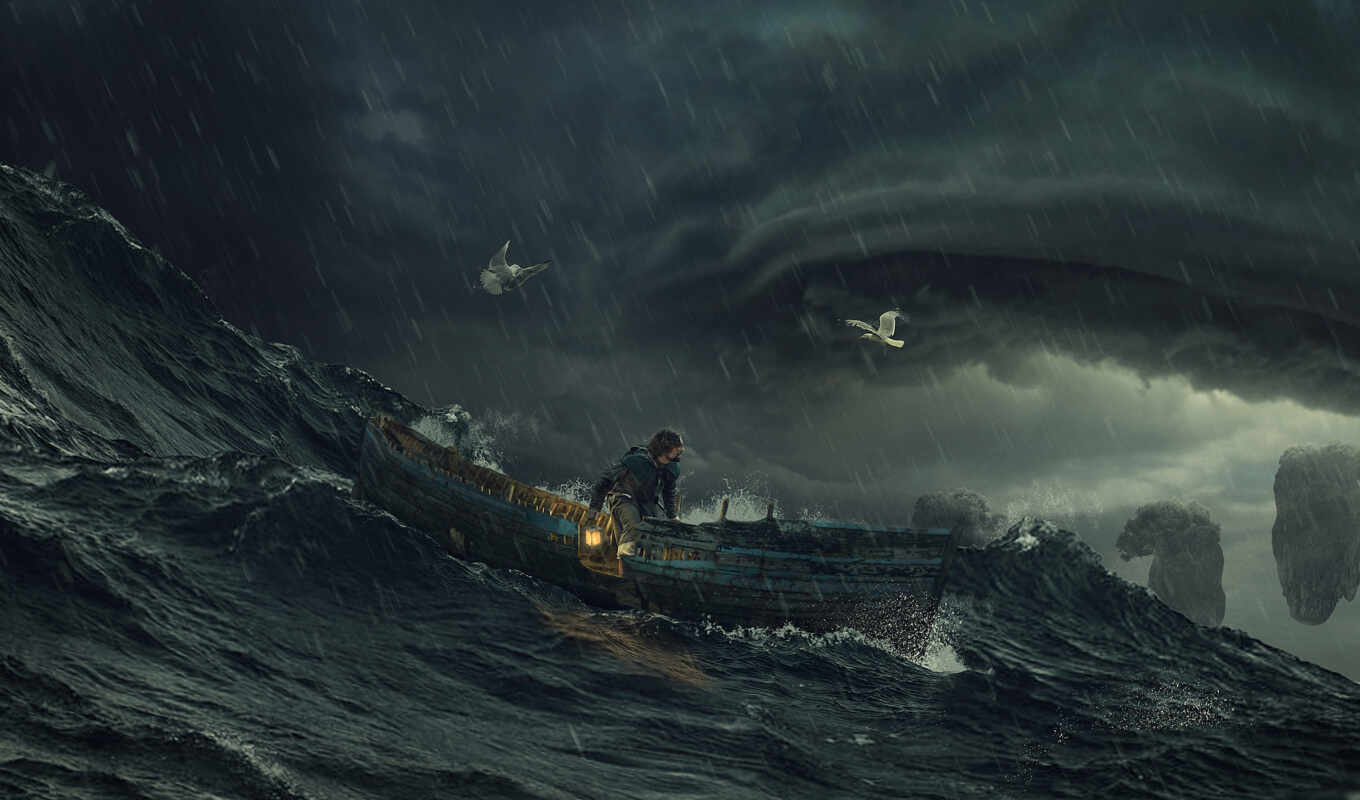 desktop, фантастика, буря, море, элемент, лодки, мужчины