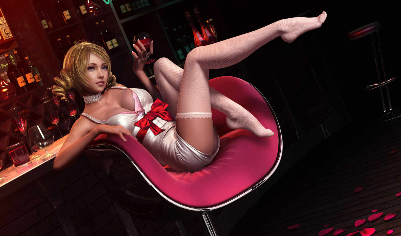 girl, art, picture, wine, stockings, legs, chair, bar, glass, tablet, smartphone, Catherine