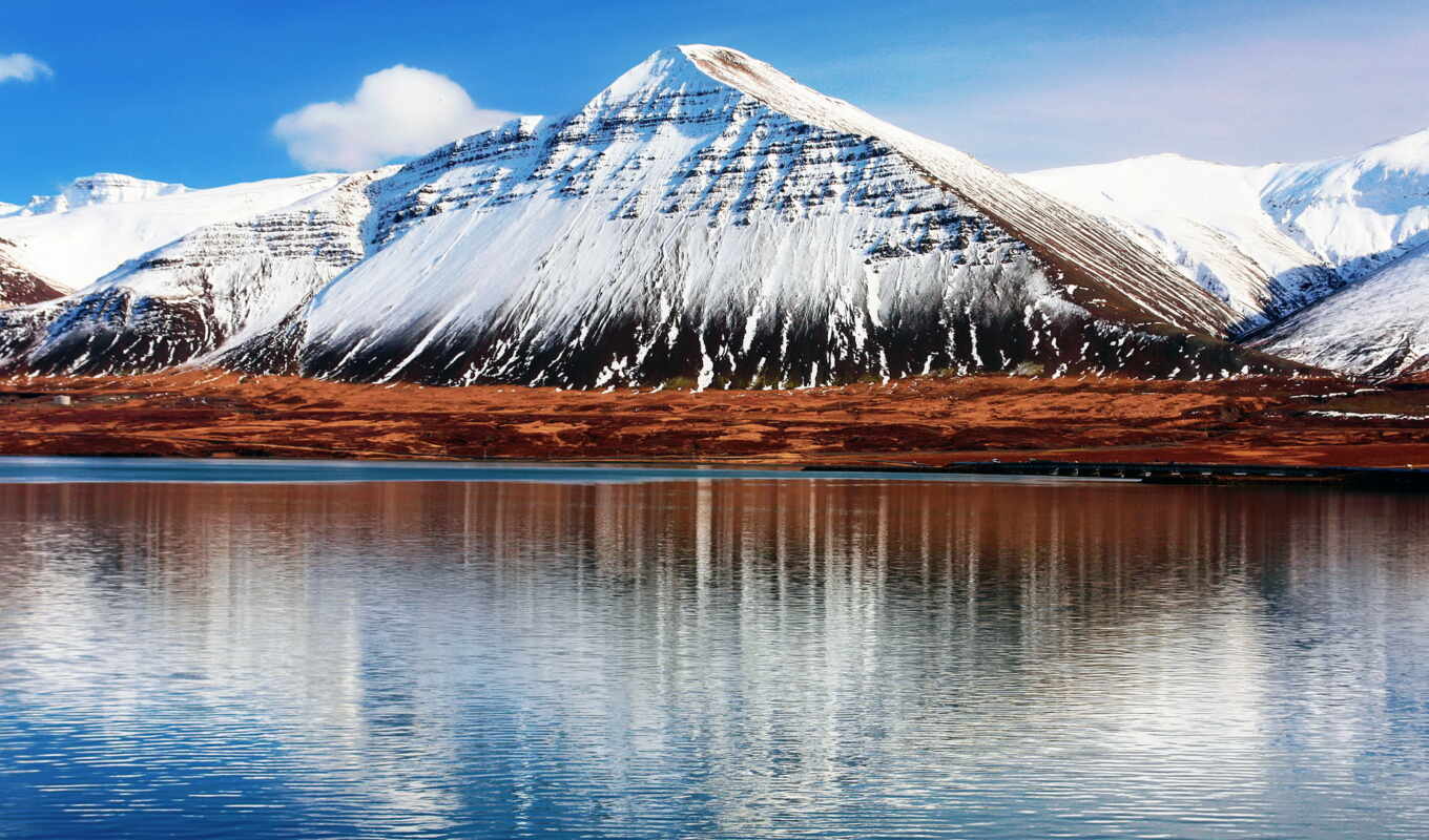 природа, небо, water, гора, отражения, iceland, oblaka, горы, hafnarfjall