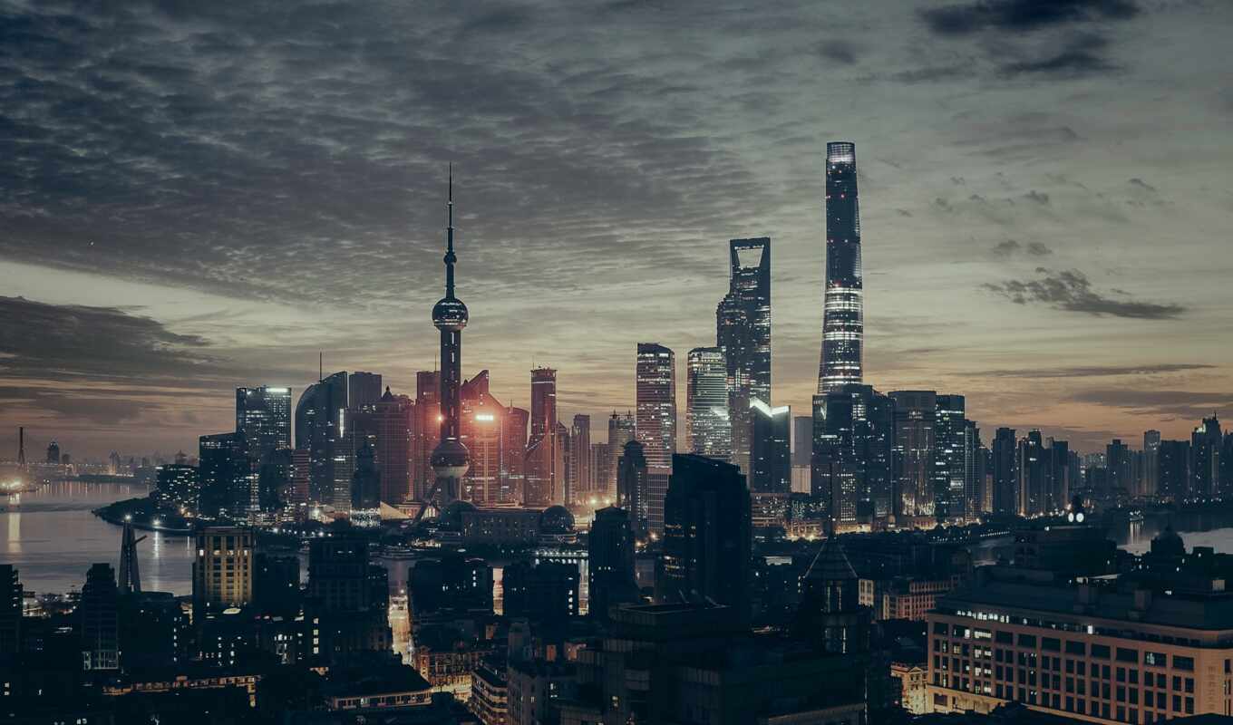 закат, ночь, небоскребы, панорама, china, ultra, китаянка