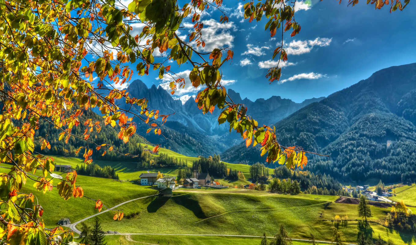 природа, гора, осень, italian, деревня, красивый, альпы, italy, dolomite, dolomitov i