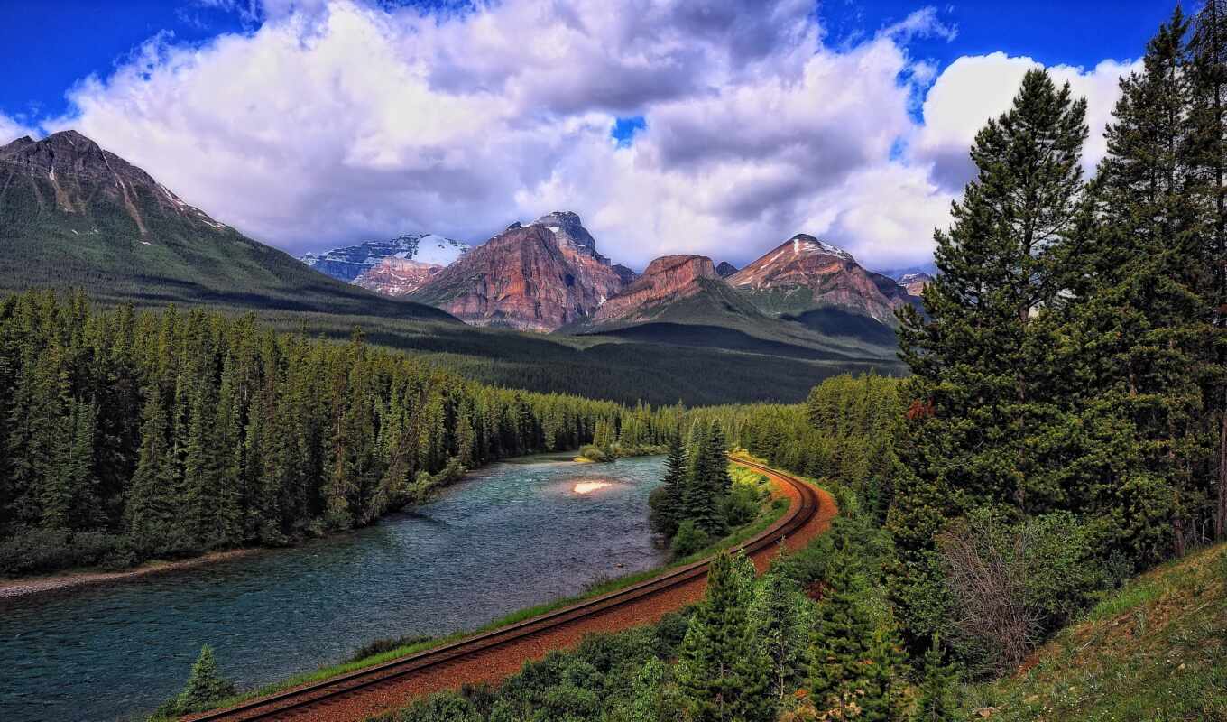 природа, фото, гора, поезд, landscape, канада, река, national, banff