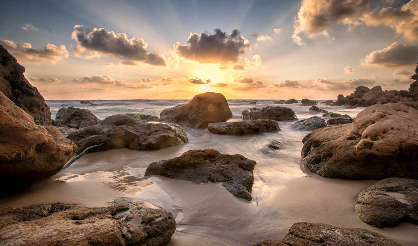 stone, sunset, beach, sea, coast, israel