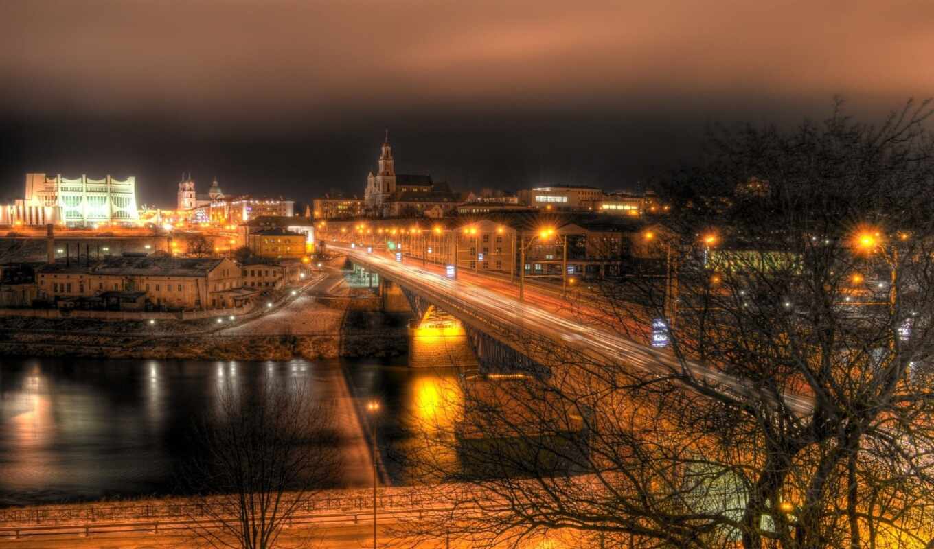 city, night, Bridge, architecture, jazz, city, dom, theatre, Belarus, late, Grodno