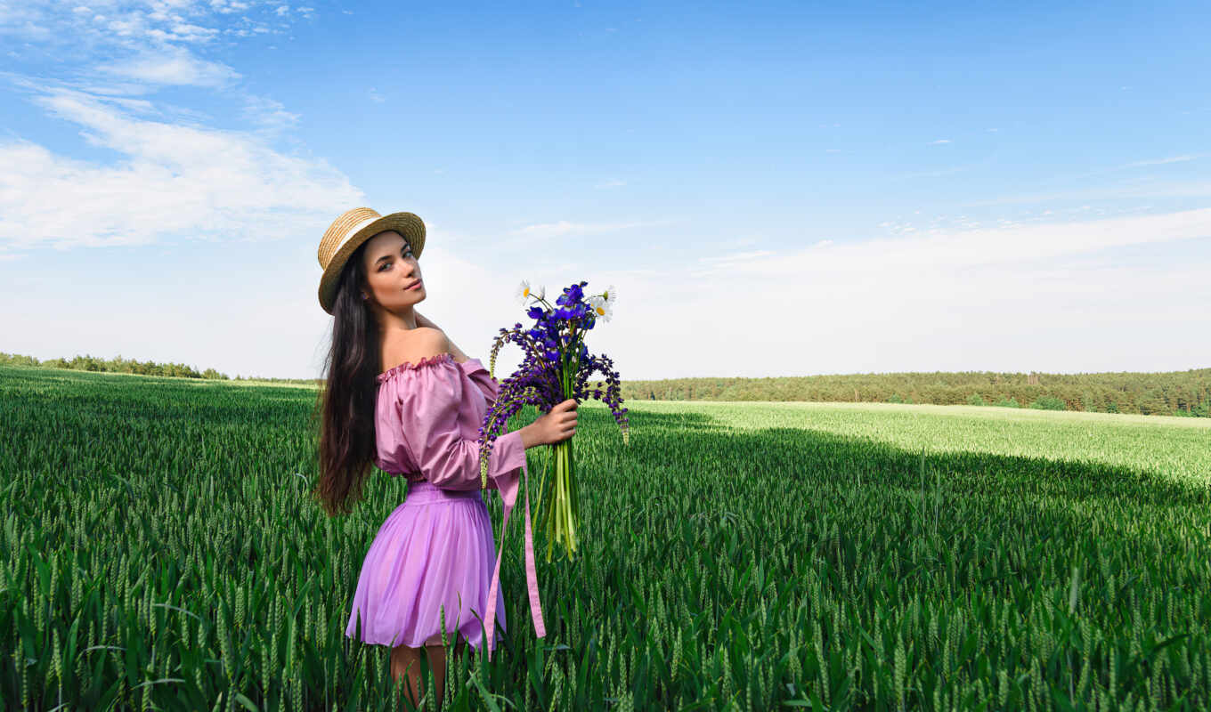 hat, flowers, girl, woman, field, hair, eyes, model, see, bouquet