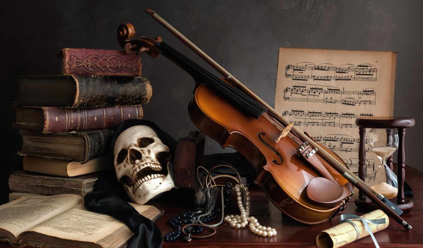 нота, скрипка, череп, натюрморт, книга