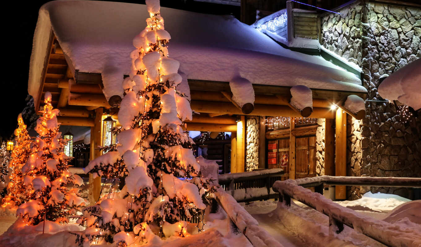 house, tree, snow, winter, lights, christmas, lapland, Finland