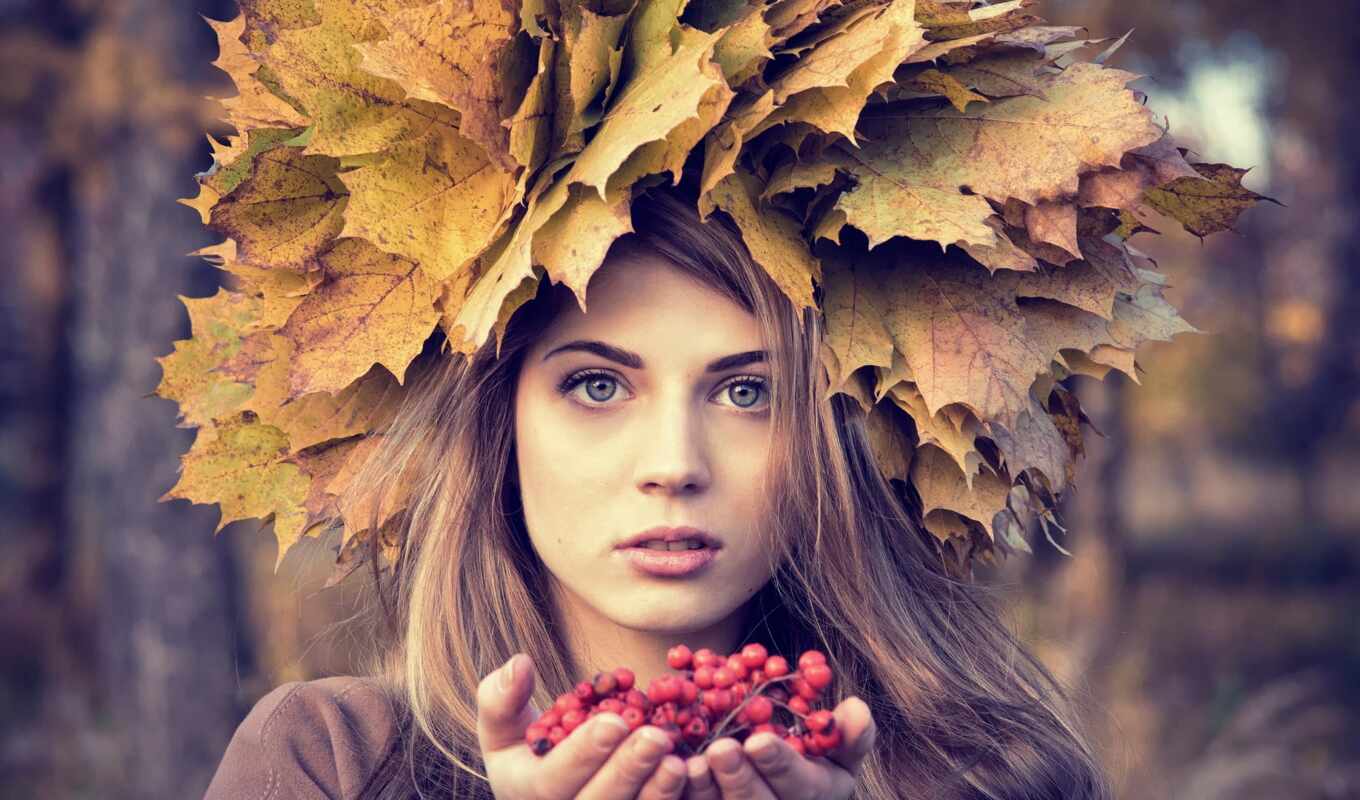 nature, girl, red, portrait, autumn, branch, mouth, leaf, berry, ashberry