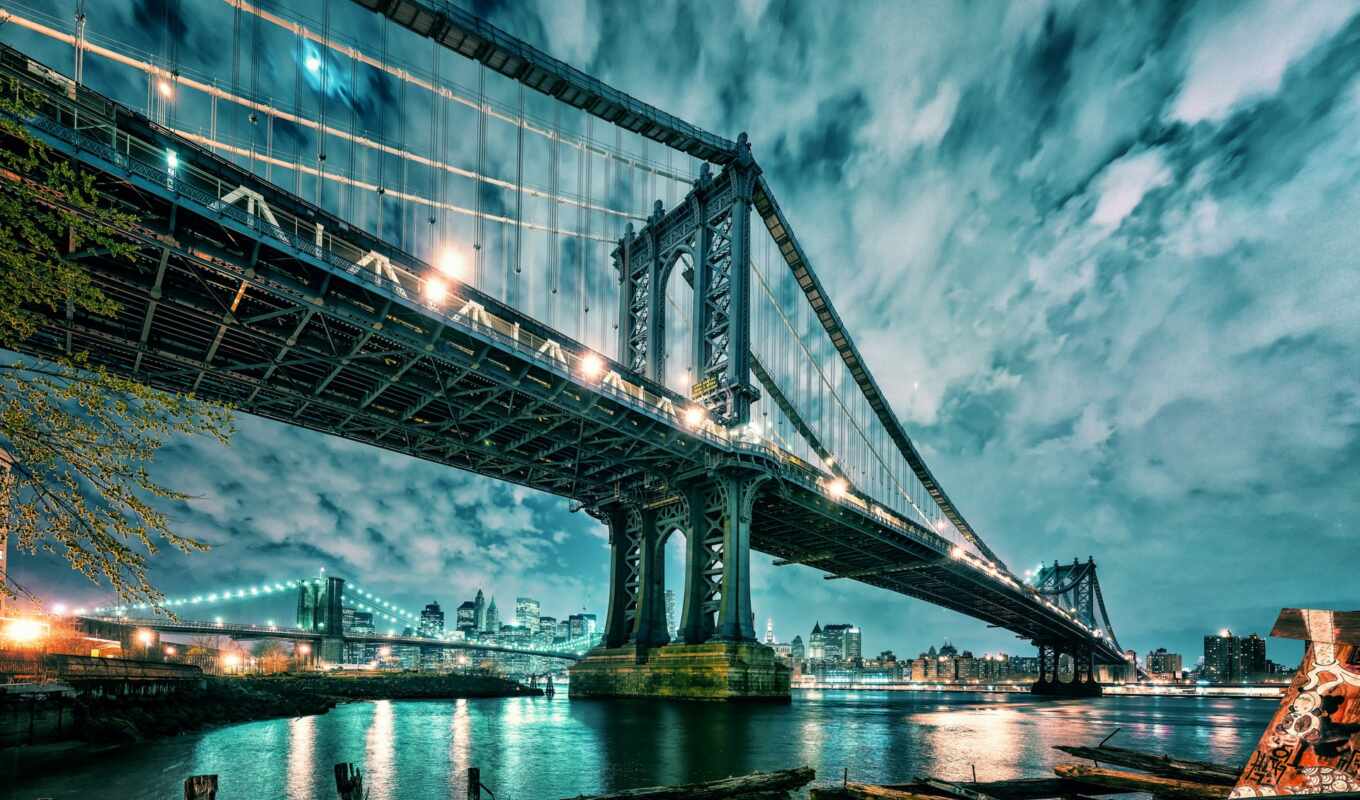 мост, landscape, бруклин, manhattan, манхэттен, нью-йорк