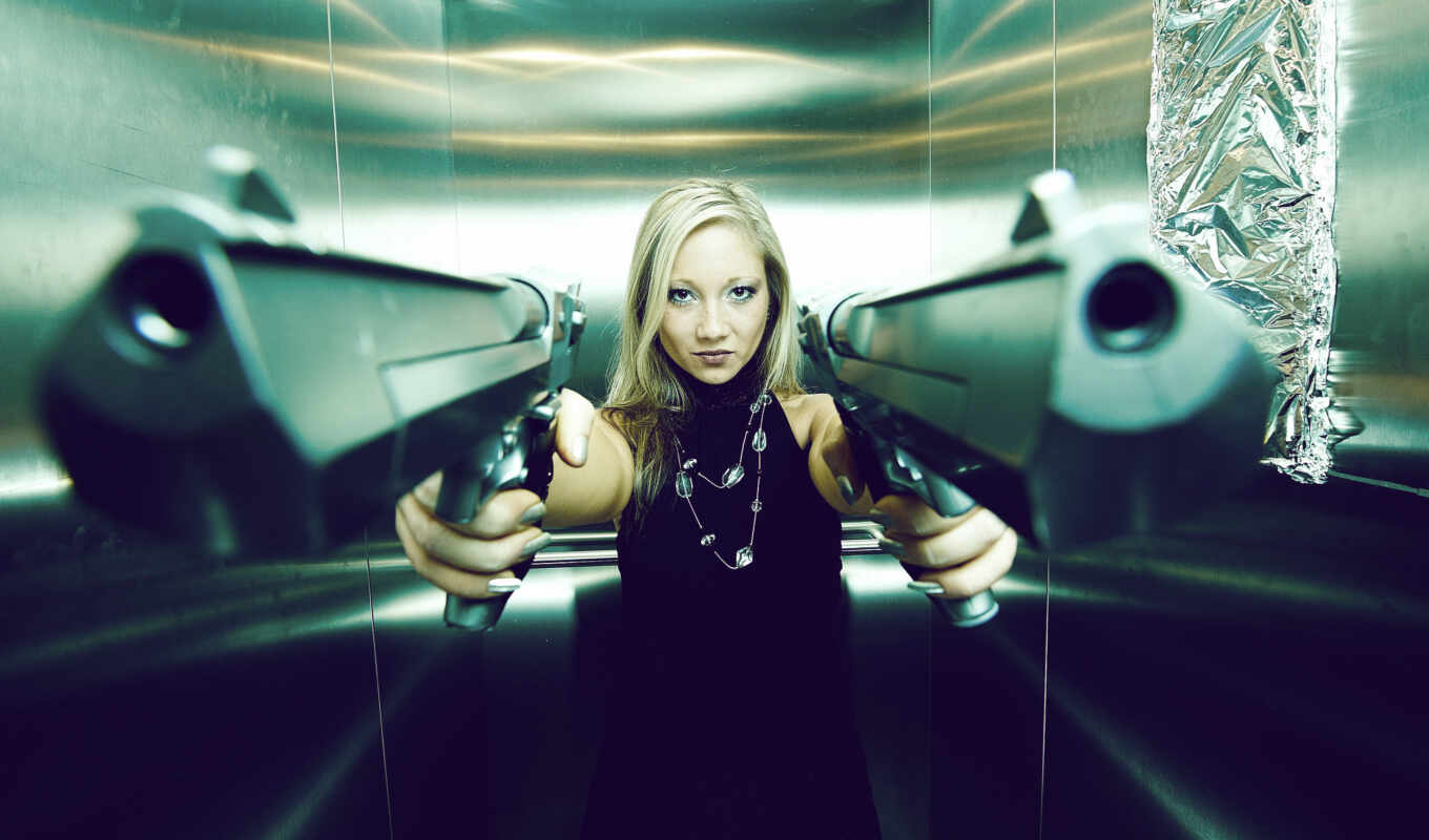 view, girl, blonde, situation, weapon, high, pistols, dangerous