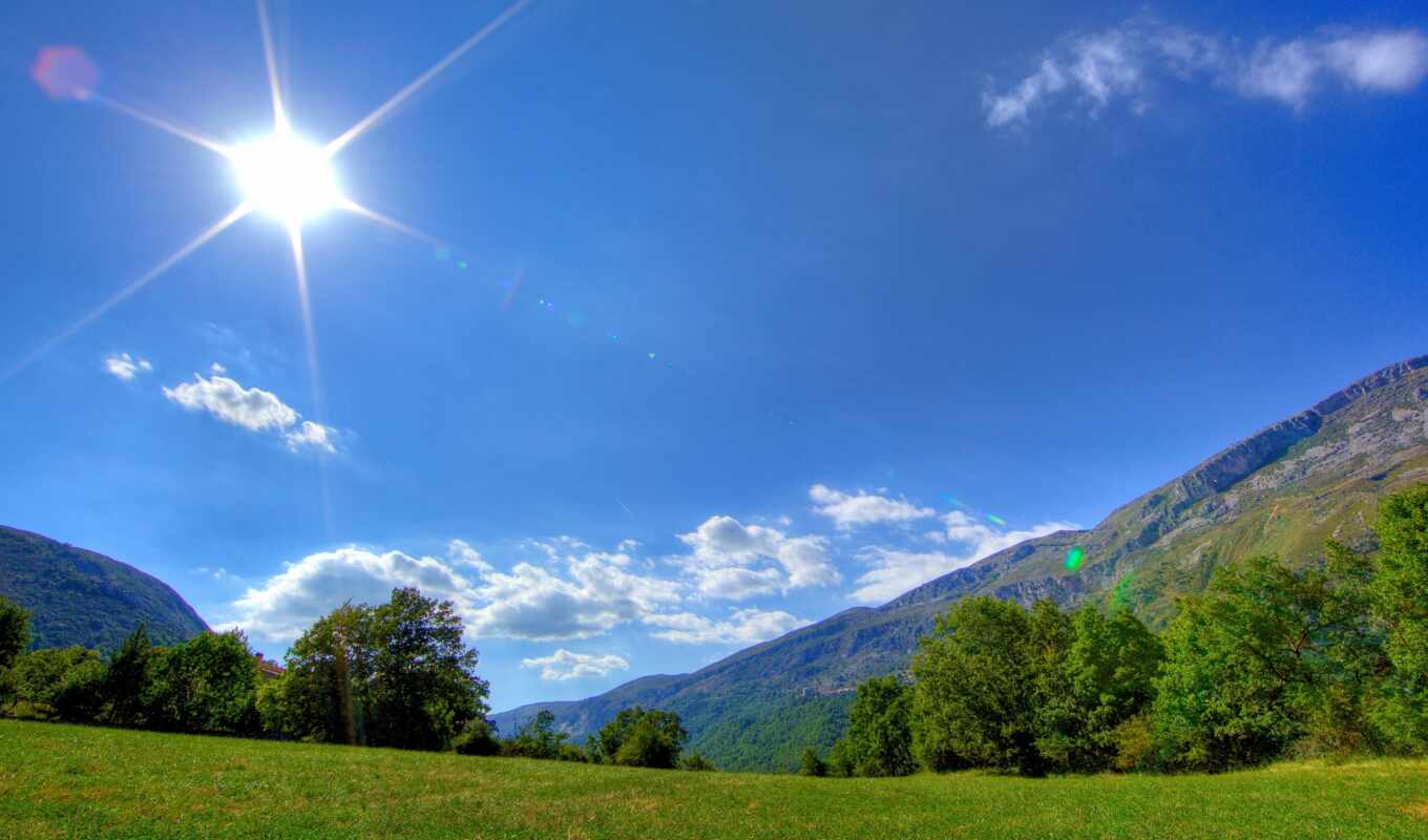 landscapes-, the sun, sky, morning, grass, mountains