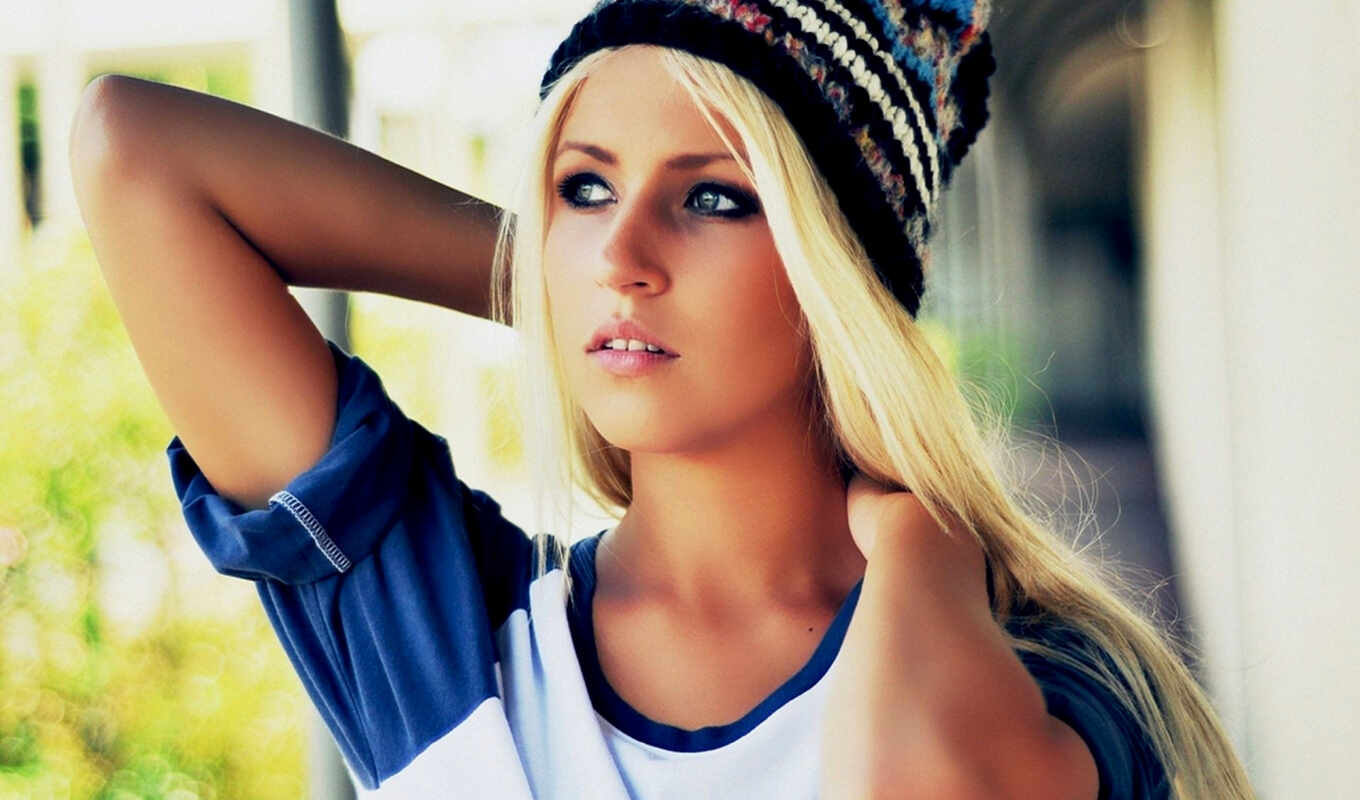 view, girl, style, blonde, model, a cap, tags, hat, imposed