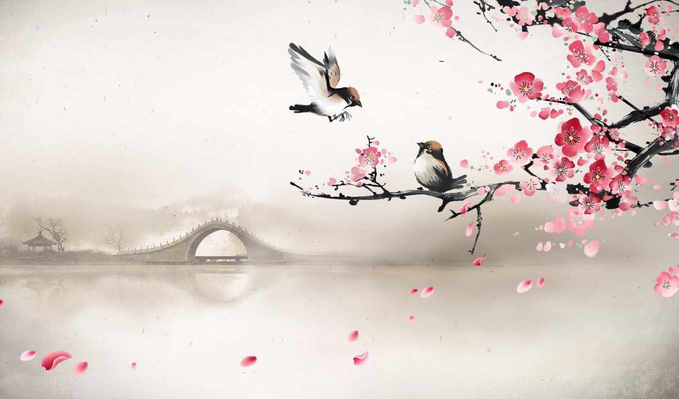 dog, bird, art, drawing, sakura