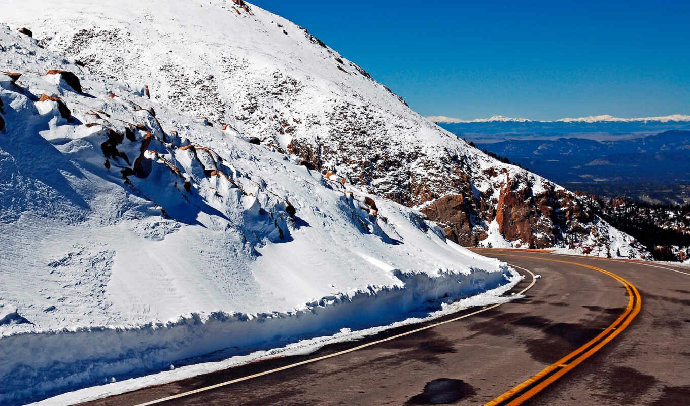 road, snow, mountains