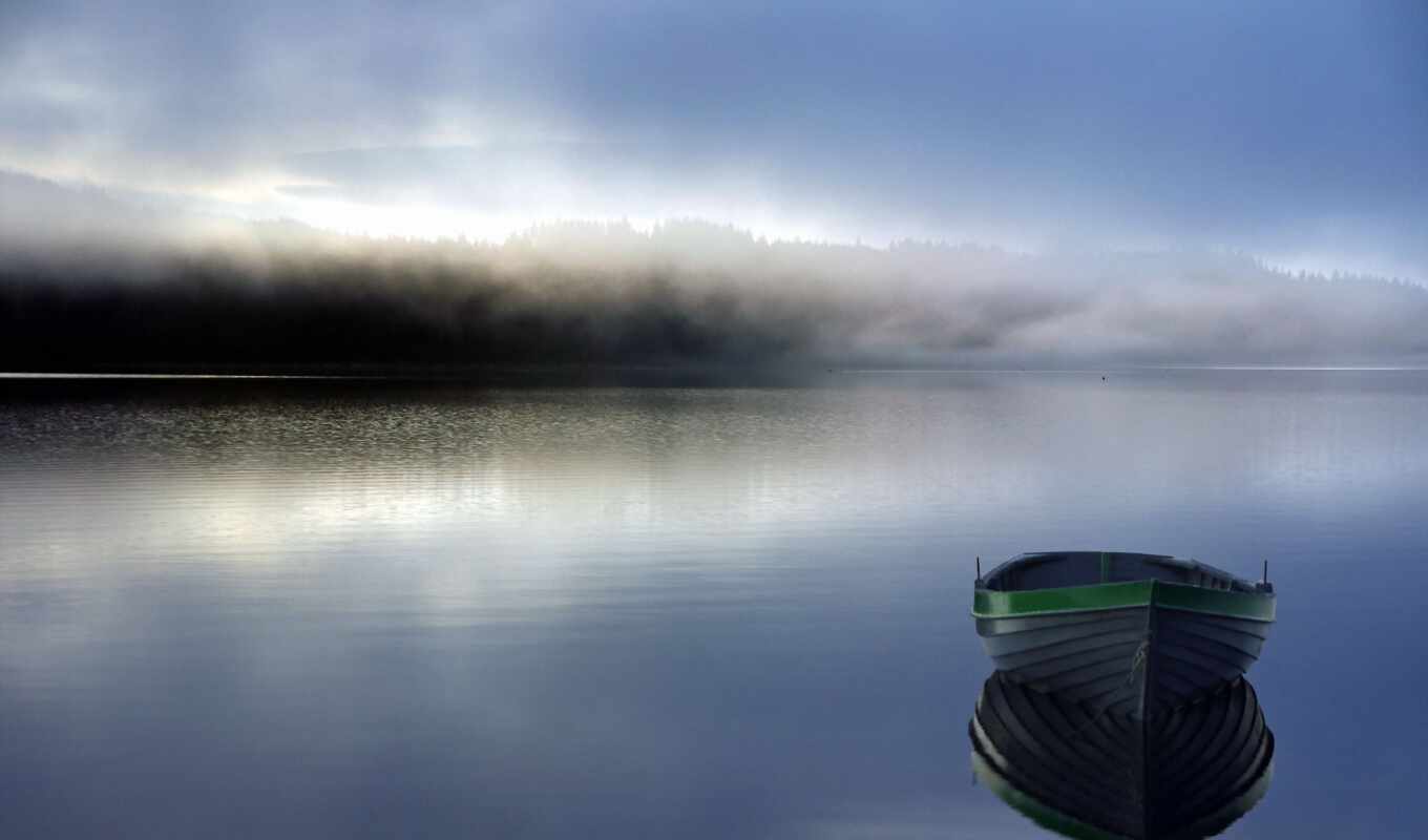 lake, sunset, landscape, morning, fog, a boat