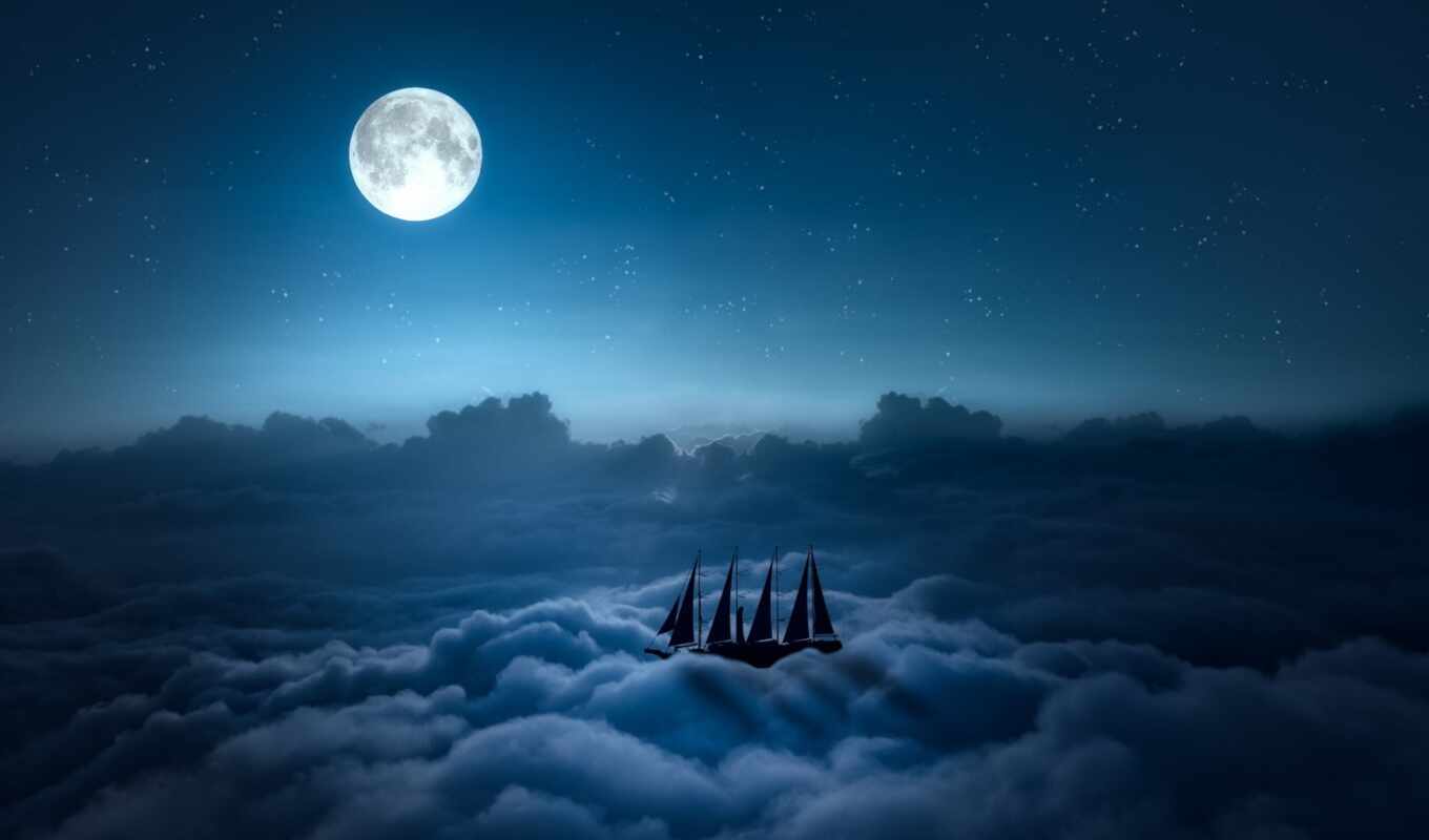 небо, ночное, корабль, облако, поплавок, among, sailboat, ночь, фон, красивый, different