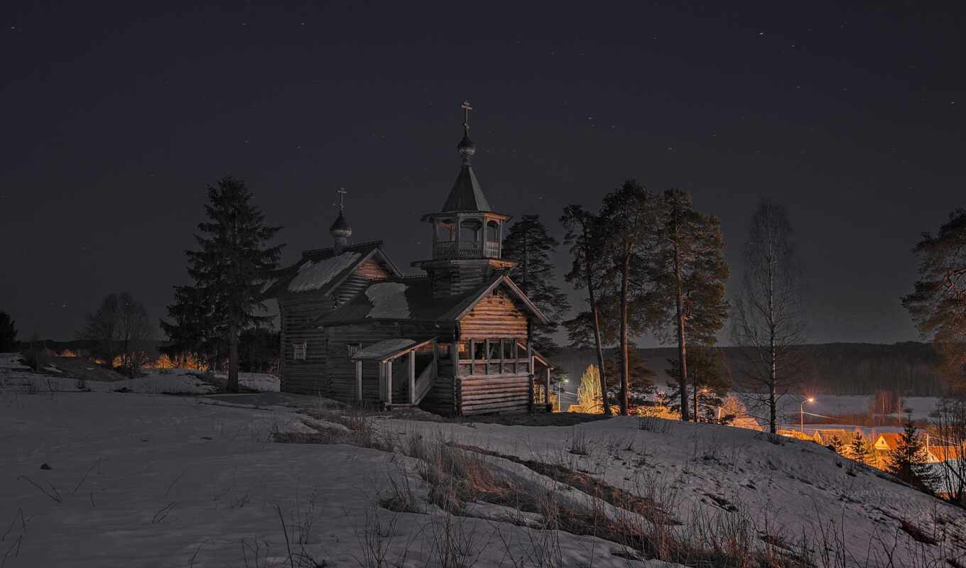 night, winter, architecture, village, church, karelia