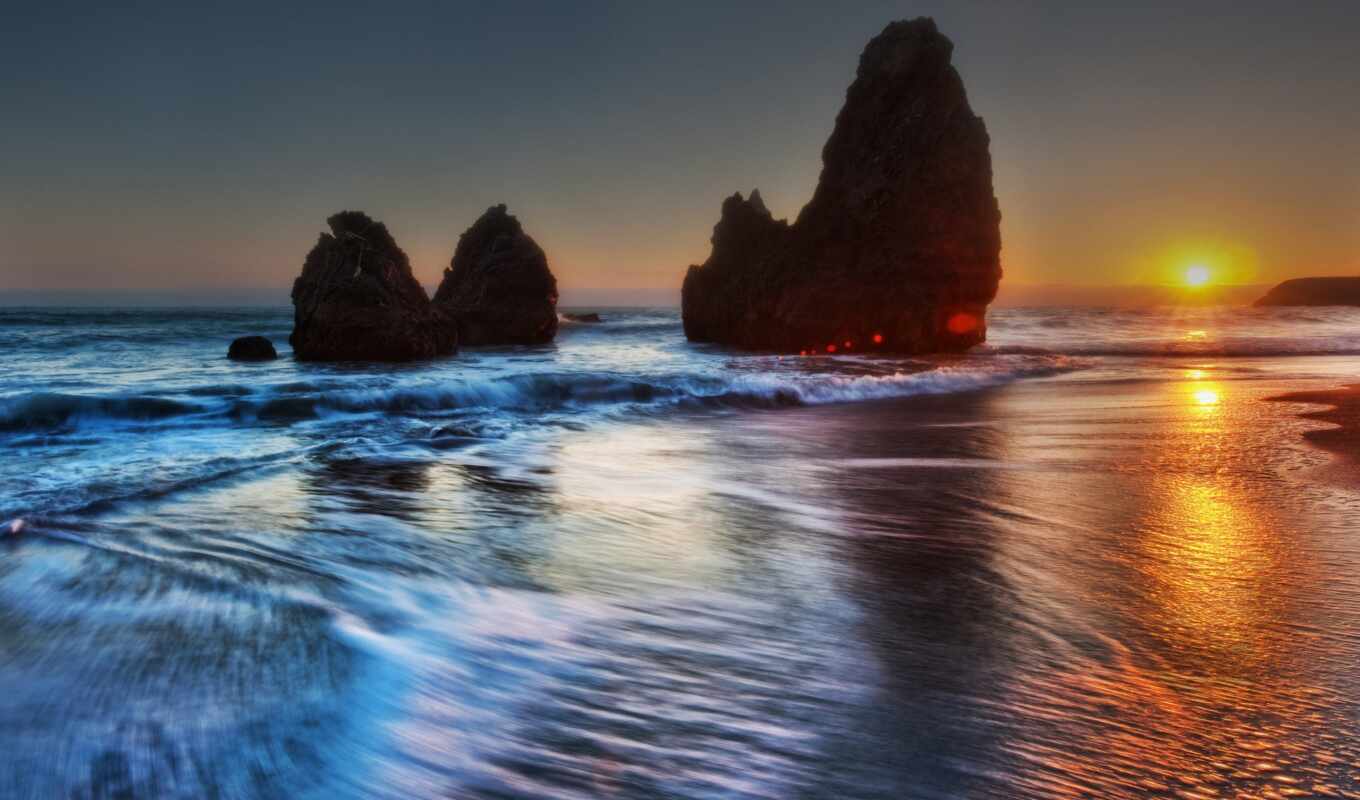 sunset, beach, evening, USA, wave, foam, rocks