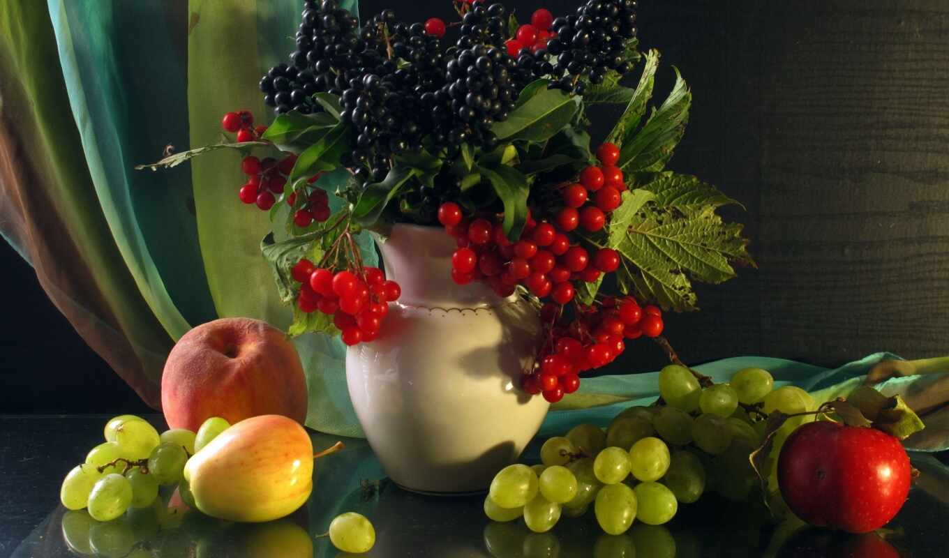 apple, персик, виноград, фрукты, ягоды, натюрморт