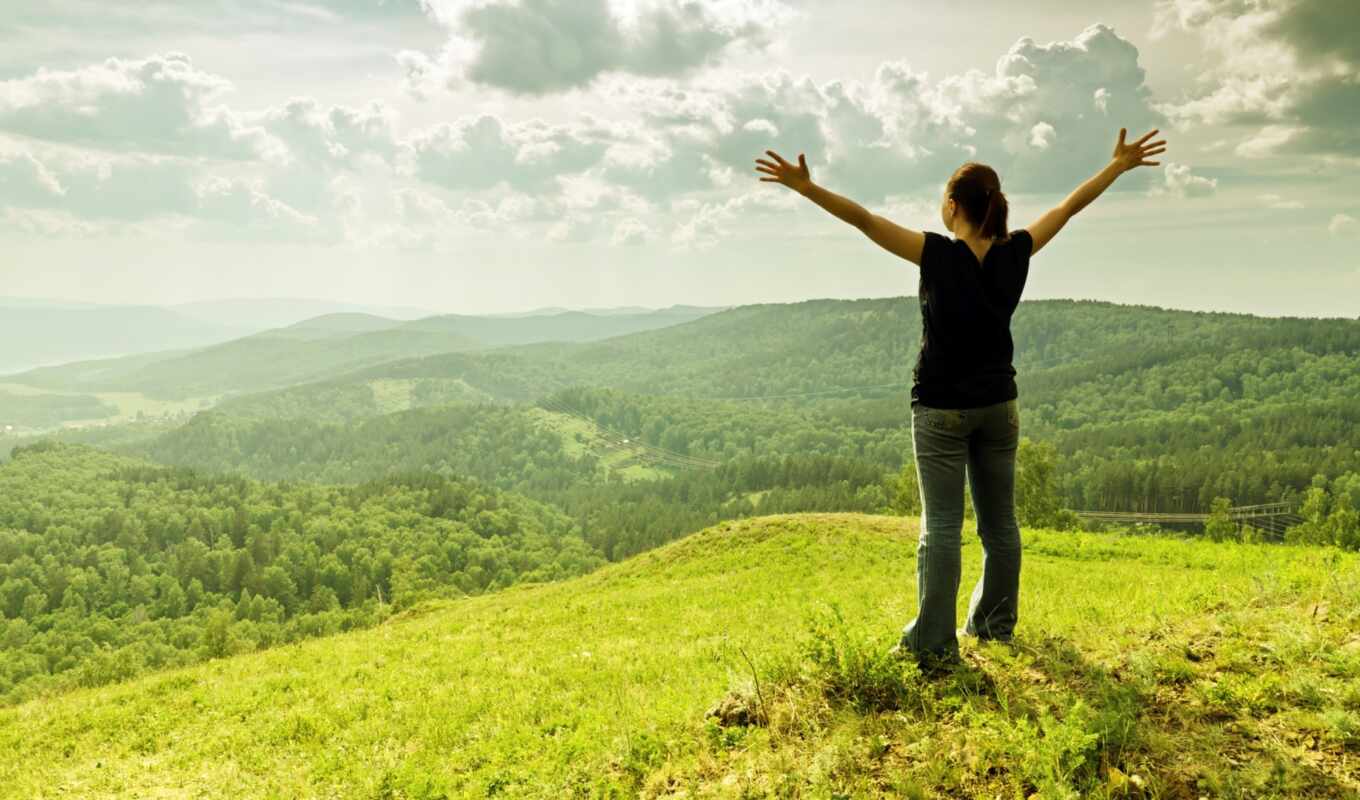 the clouds, girl, grass, forest, landscape, hills, i love it