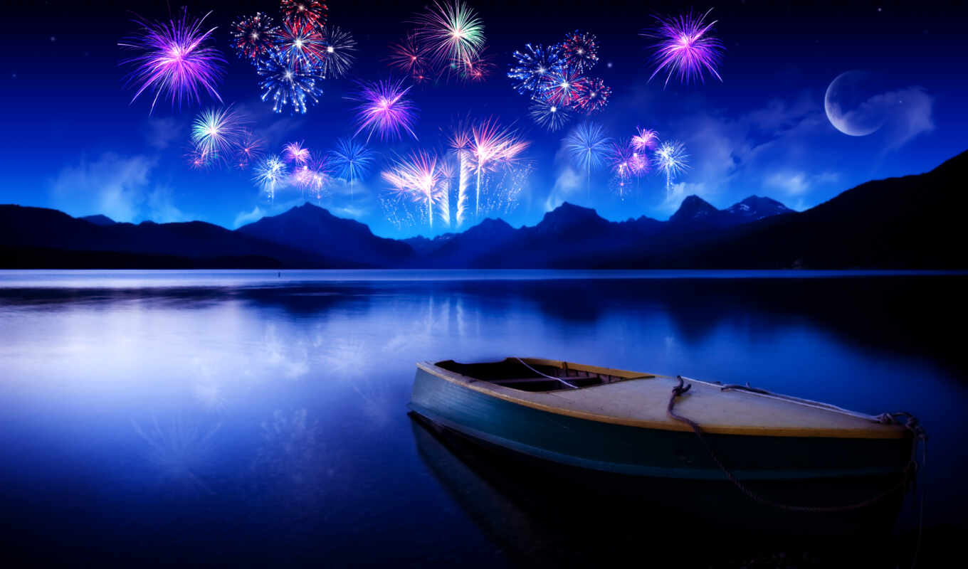 lake, sky, night, moon, water, fireworks, reflection, a boat, lake