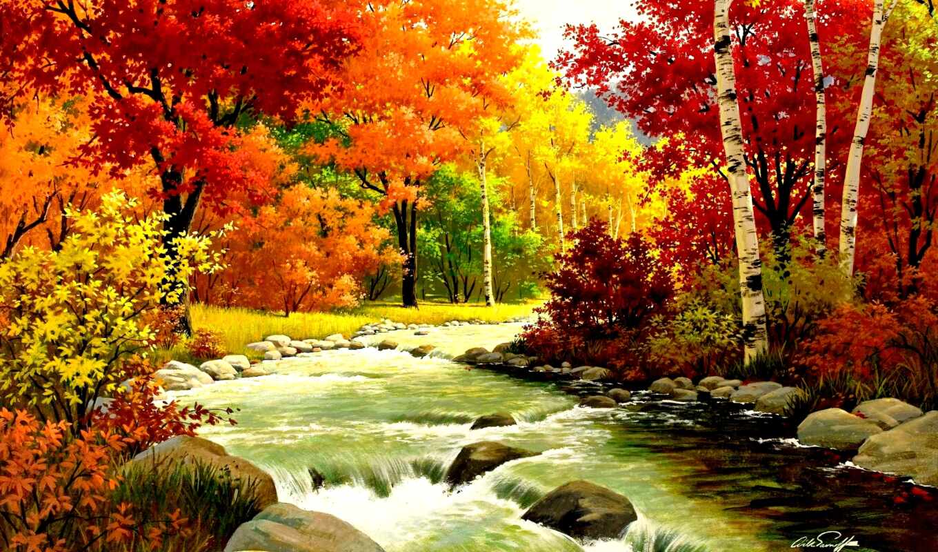 природа, года, осень, листва, краски, золотая, trees, вышивки, saron, arthur
