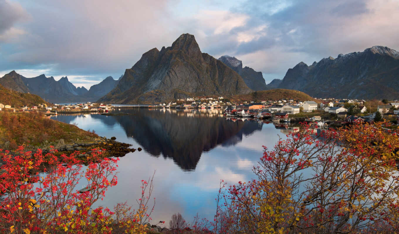природа, гора, landscape, осень, остров, fish, деревня, норвегия, travel, reine, lofoten