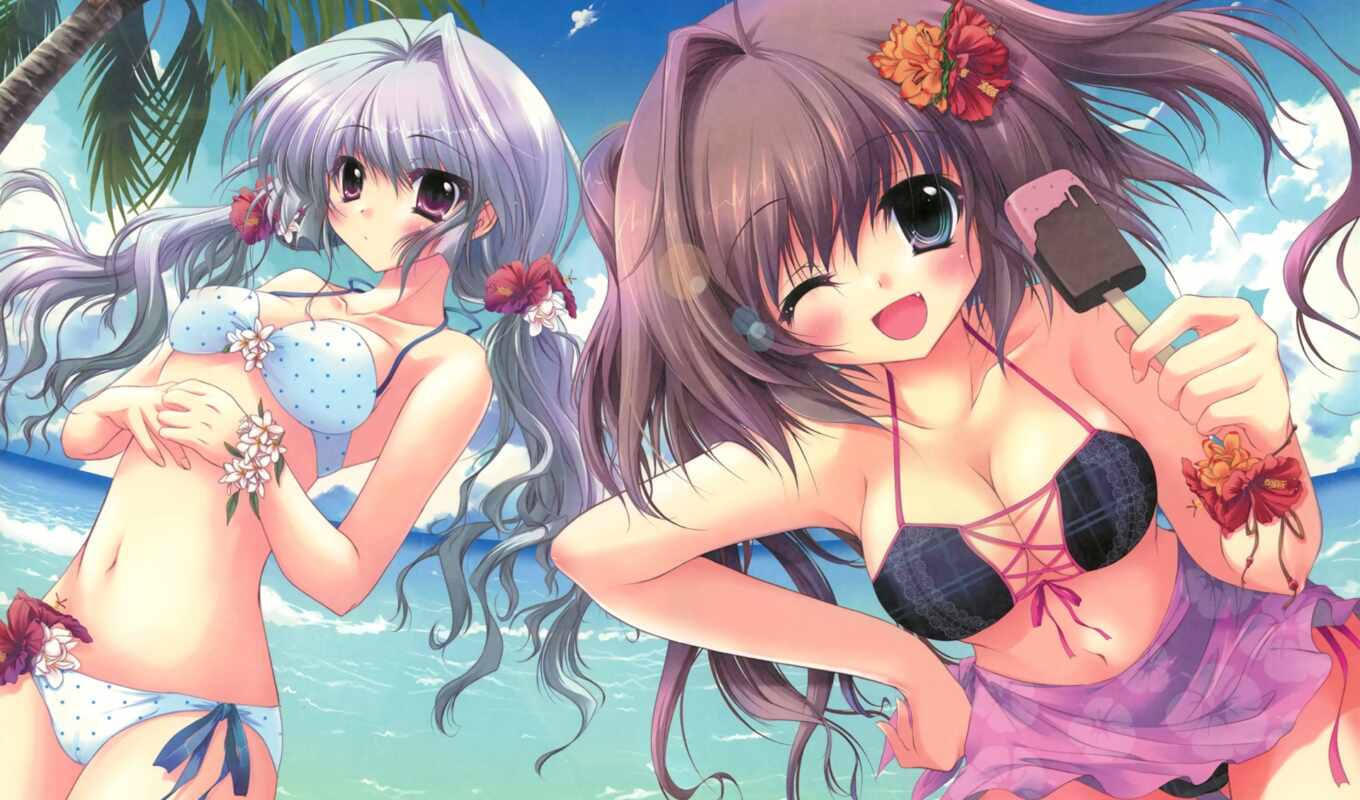 view, girl, picture, picture, anime, girls, beach, swimsuit, mood, joy, ice cream, mice, ♪, confusion