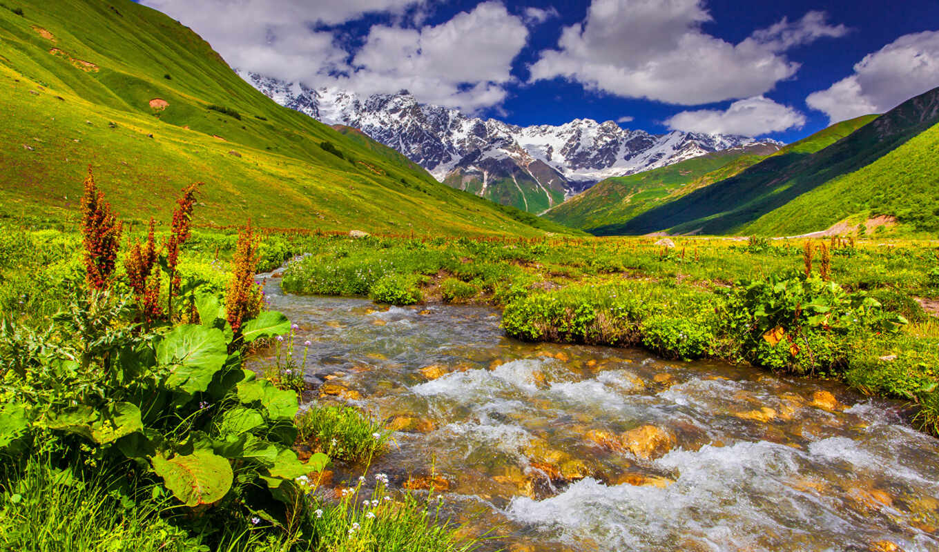 nature, sky, grass, mountain, landscape, river