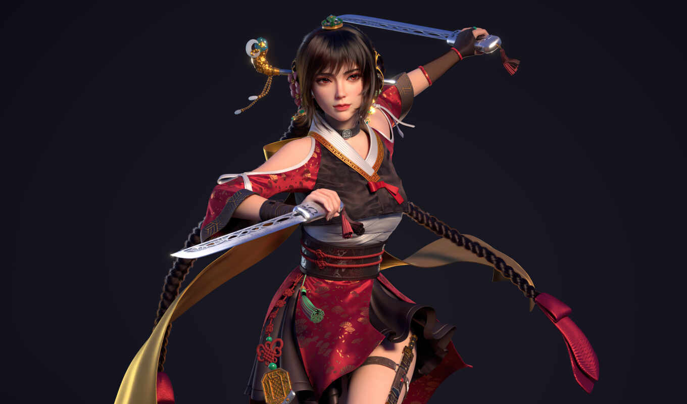 girl, warrior, sword, asian, two
