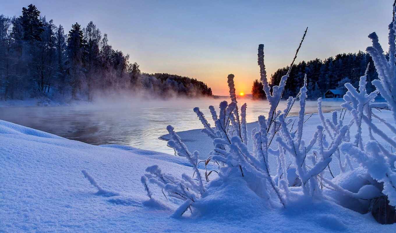 ice, sunset, winter, river, funart